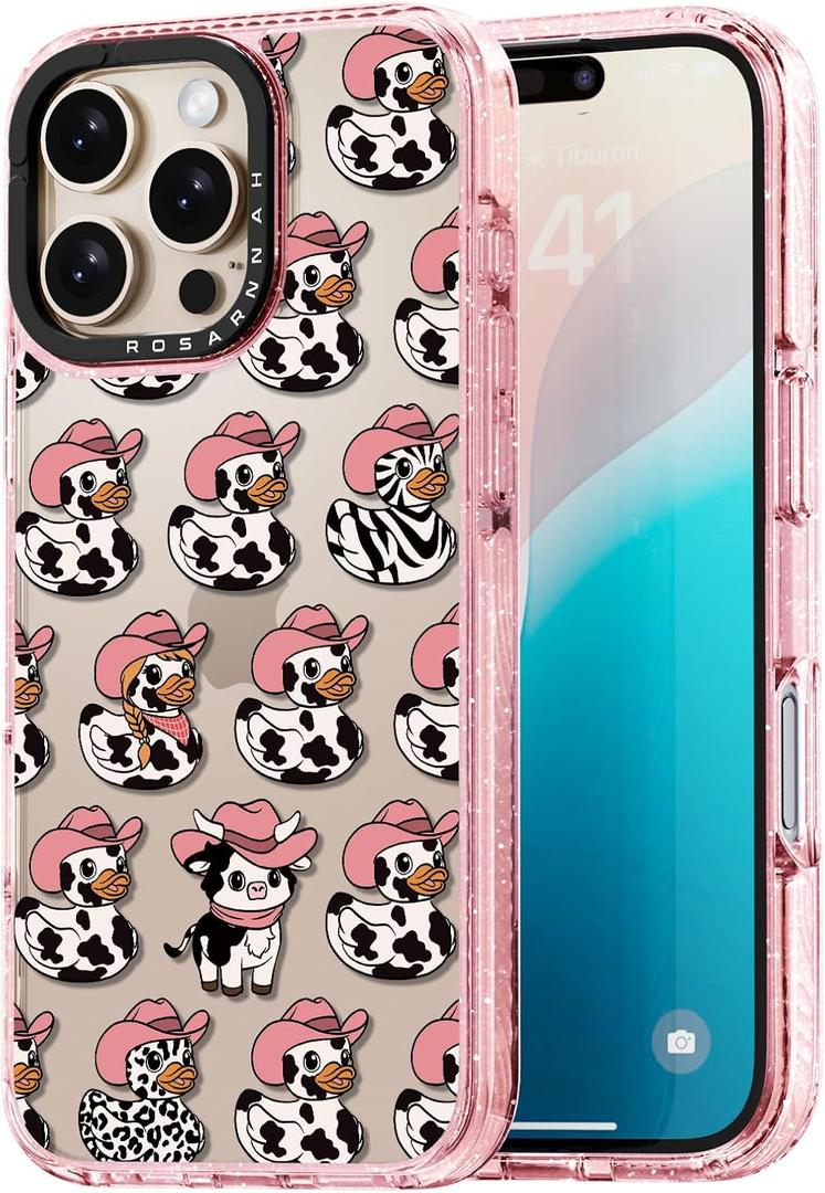 for iPhone 16 Pro Max Case Cute - Durable Shockproof 6.6 ft Drop Impact Phone Case - Funny Milk Cow Ducky Design (6.9") Glitter Pink