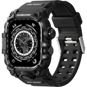 amBand Rugged Case with Band for Apple Watch 45mm, Compatible with Apple Watch (iWatch) Series 9/8/7, Military Grade Shockproof Bumper Cover, Tactical Band for Men, Matte Black