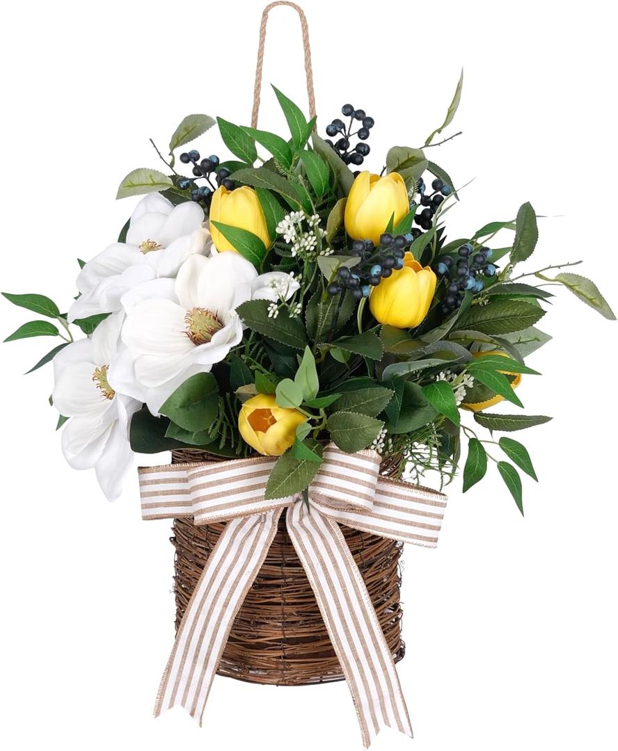 20" Spring Easter Floral Basket Wreath for Front Door, Artificial White Magnolia Yellow Tulip Door Basket Decor, Spring Easter Basket Hanger for Farmhouse Home Wall Door, Spring/Summer/Easter Wreath