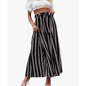 GRACE KARIN Women's 2025 Summer Wide Leg Palazzo Pants Elastic High Waisted Boho Casual Flowy Beach Pants with Pockets Small Black With Stripes