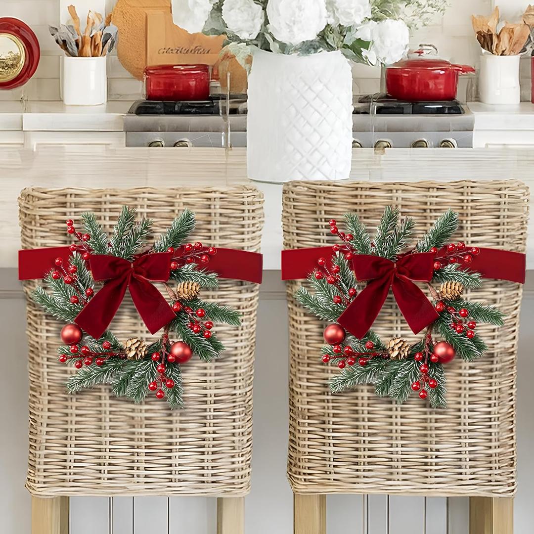 6 Pcs 9.8" Small Christmas Wreath with Ribbon Mini Kitchen Cabinet Wreaths Christmas Red Berry Pine Bow Decorations for Xmas Chair Back, Front Door, Window, Wall Farmhouse Decor(Red)