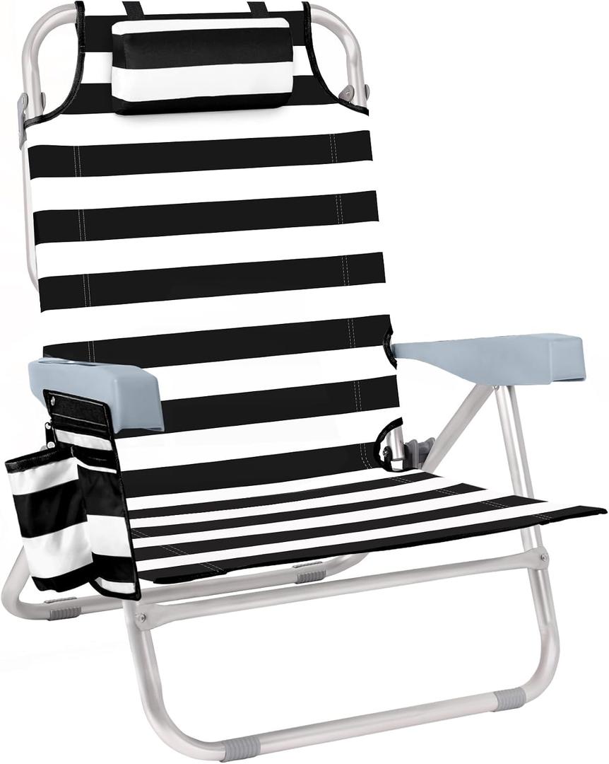 Backpack Beach Chair for Adults 5 Position Reclining Low Beach Chair with Cooler, Cup Holder & Towel Bar, Lightweight Folding Beach Chair Backpack, Portable Lay Flat Beach Lounger Black Stripe