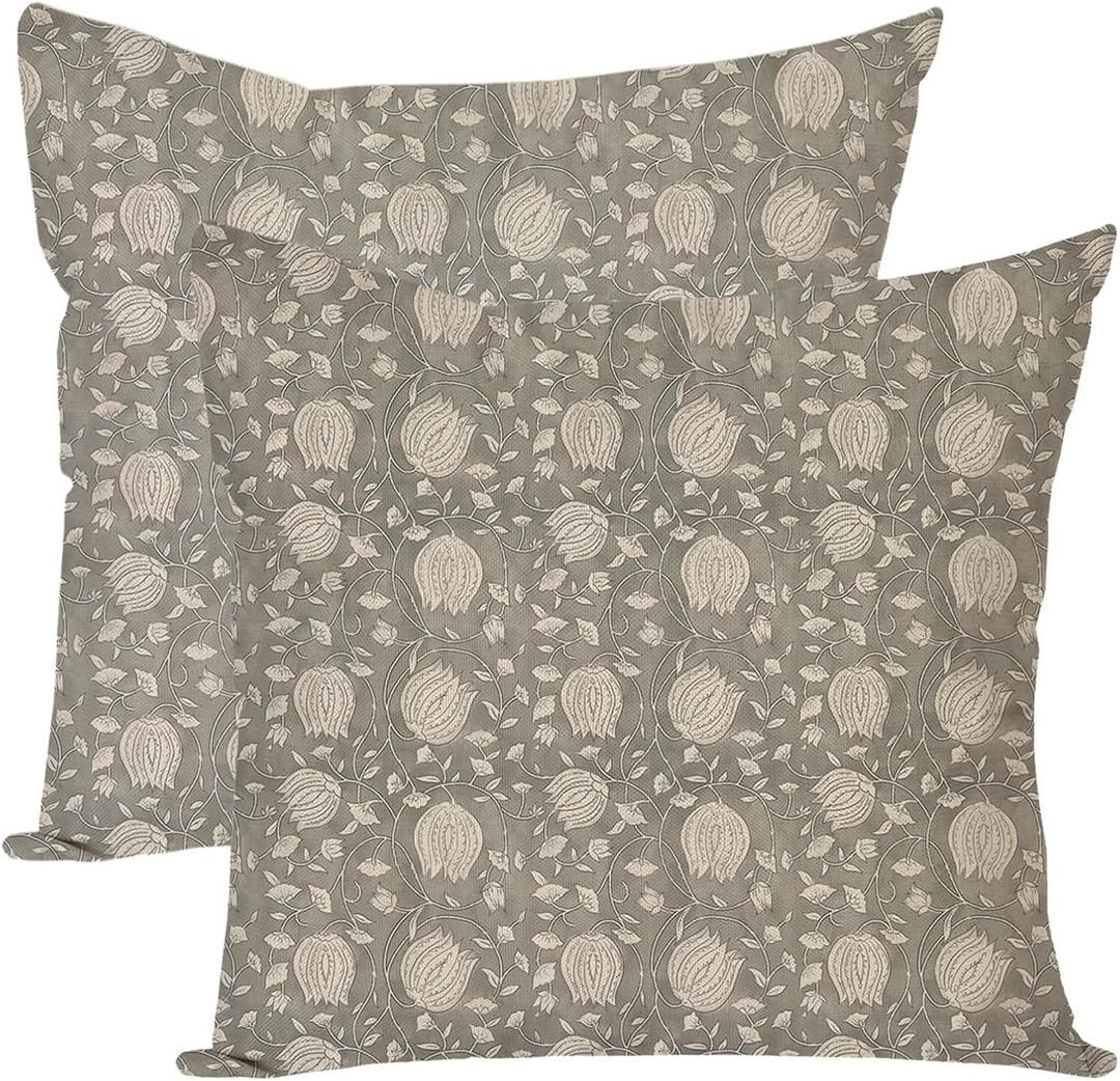 Vintage Floral Block Print Decorative Throw Pillow Covers 18x18 Inch Set of 2 Green Outdoor Cottage Spring Summer Decor Cushion Cases Country Decorations for Home Room Couch (18" x 18" (Pack of 2), Grayish Green)