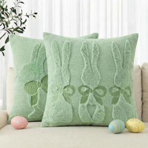 AVOIN colorlife Easter Rabbits Green Embroidery Throw Pillow Covers, 18 x 18 Inch Bunny Soft Plush Faux Fur Jacquard Cushion Case Decoration for Sofa Couch Set of 2