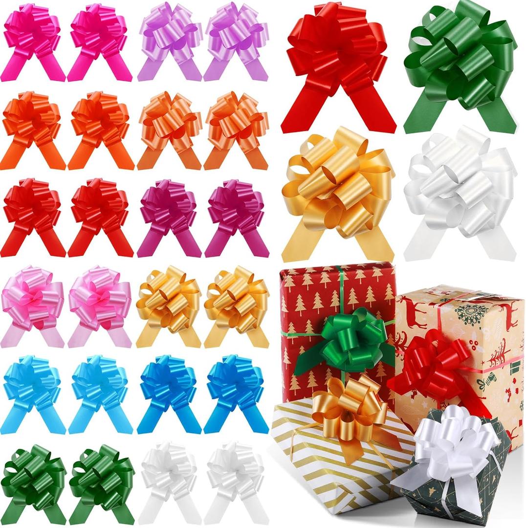 WILLBOND 24 Pieces 5 Inch Christmas Pull Bows Bulk for Wrapping Gift Large Bow with Ribbon Assorted Bows Pull String for Christmas Basket Party Present, Birthday, Wreath, Gift Basket(12 Colors)