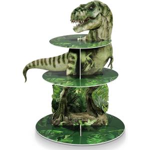 3 Tier Dinosaur Cupcake Stand Party Decorations Dinosaur Theme Cupcake Holder Decorations Dino Dessert Tower for Kids Dino Jungle Theme Party Birthday Supplies(Realistic)