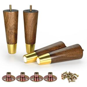 6 Inch Wooden Furniture Legs with Gold Cap Set of 4 Sofa Replacement Solid Wood Furniture Feet for Armchair Couch Cabinet Dresser Ottoman TV Stand Bed Legs (Dark Brown-6inch)
