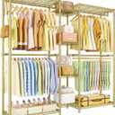 Ulif E4 Clothes Rack, Heavy-Duty Garment Rack, Metal Freestanding Clothing Organization Storage System Can Be L-Shaped with Shelves and Hangers, Max Load 962lbs, 71.6" W x 14.5" D x 79.3" H, Gold
