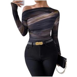 RoseSeek Women's Off Shoulder Tie Dye Ruched T Shirt Long Sleeve Slim Fit Going Out Tee Tops Size M