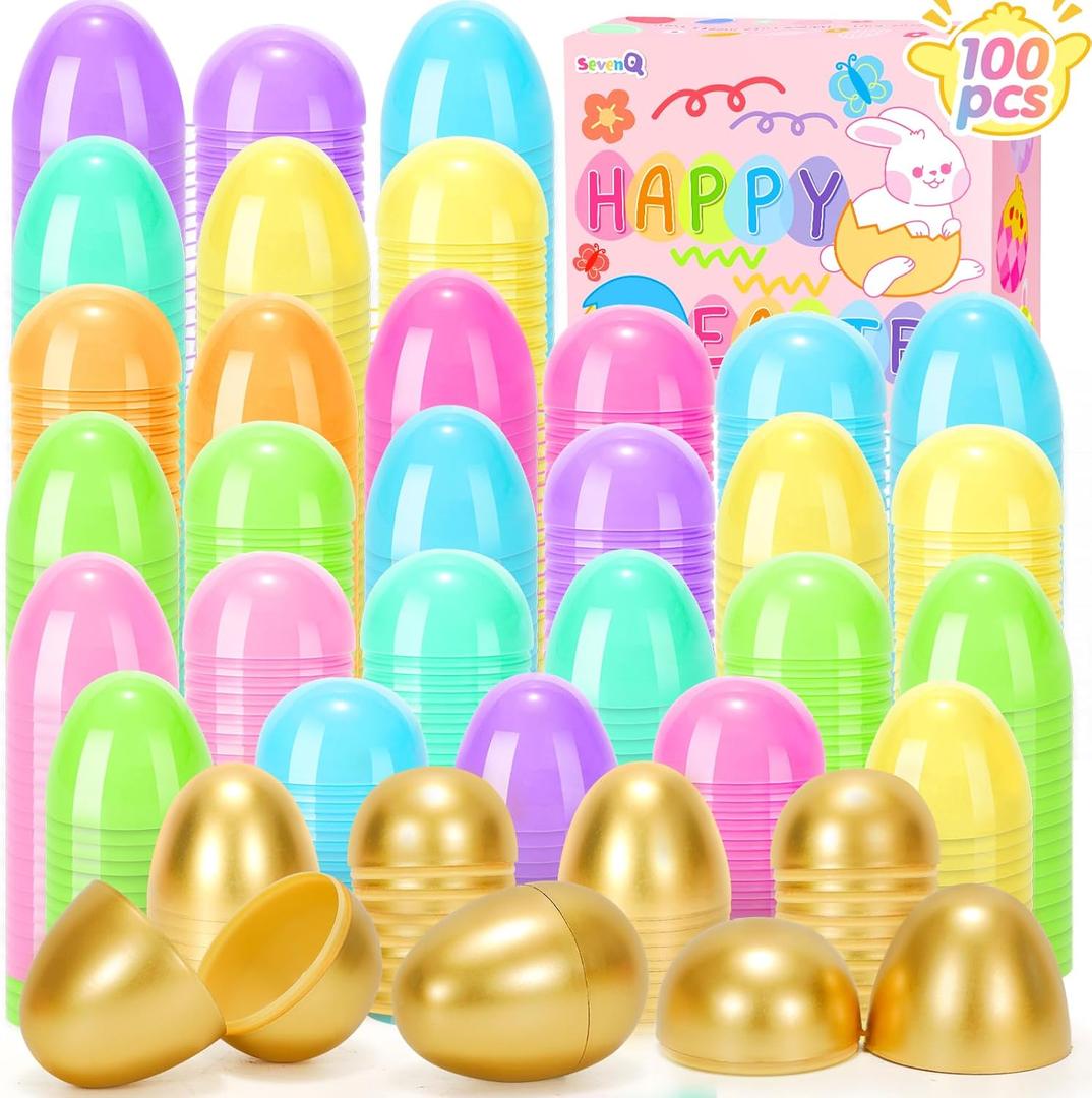 Plastic Easter Eggs Fillable, 100Pcs 2.4" Empty Colorful and Golden Eggs for Easter Basket Stuffers Gifts for Kids Party Favors Pinata Treasure Box Toys Classroom Goodie Bags Egg Hunt Supplies
