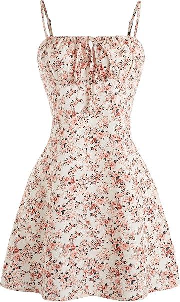 GORGLITTER Women's Floral A Line Flared Cami Mini Dress Tie Front Ruched Bust Vacation Sundress, Size: L