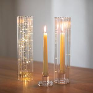 NUPTIO Candle Stick Holder for Centerpiece: Ribbed Hurricane Glass Taper Candle Holders - Set of 2 Fluted Candlestick Holder with Tall Cylinder Cover for Fall Thanksgiving Christmas Dining Table Decor