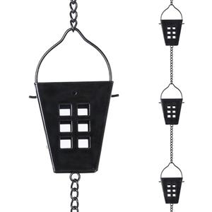 Square Rain Chain, 10 Ft Black Rain Gutter Chains with 12 Cups, Adjustable Rain Catcher Chain with Bell for Eaves Drainage, Outdoor Replacement Downspout for Gutters