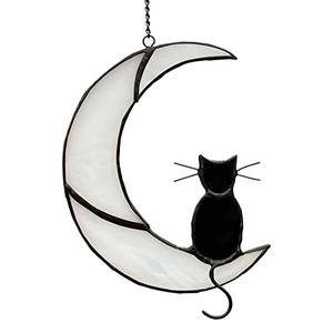 Black Cat Decor On White Moon Stained Glass Window Hanging Suncatcher for Windows Panels Sun Catcher Halloween Ornament Decoration Memorial Gift for Lover Cat Loss
