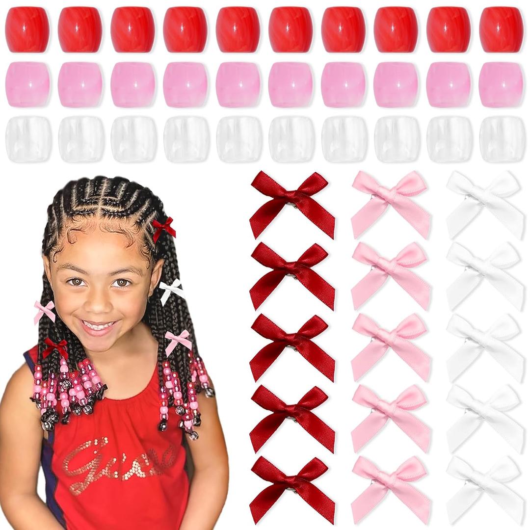 2 x Valentines Day Large Hair Beads 45PCS Bow Hair Clips Acrylic Beads for Braids Satin Small Hair Bows Cute Loc Hair Accessories for Women Girls
