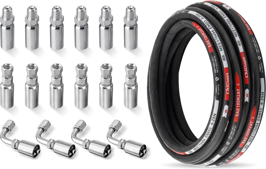 33FT 1/4" Hydraulic Hose with 16PCS Hydraulic Hose Fittings (JIC Female & NPTF Male & JIC Female 90 Elbow), 10150 PSI Working Pressure, SAE 100 R2AT 2-Wire Braided Hydraulic Tube