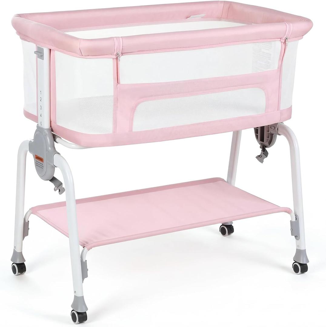 Cowiewie Bassinet Bedside Sleeper, Breathable Baby Bedside Bassinet and Mattress, Lightweight and Portable for Bedside Sleeping (Pink), Crib