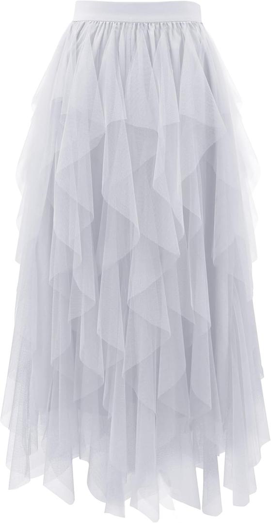 Tulle Skirts for Women A Line Fairy Tiered Skirt Midi Length High Elastic Waist Long Skirt (White, XXL)