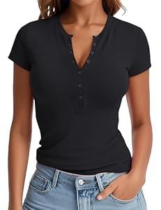 Prettywear Womens 2025 Summer Casual Basic Tops Short Sleeve V Neck Fitted Button Up Henley Shirts Black M