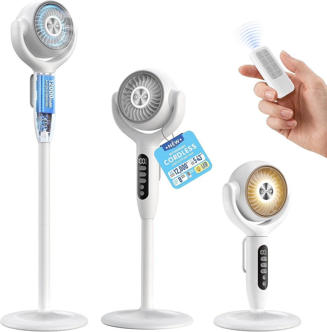 12000mAh Battery Powered Air Circulator Fan, 3-in-1 Height Adjustable Floor/Table/Desk Oscillating Pedestal Fan with LED Light, 20dB Quiet Cordless Rechargeable Cooling Fan for Bedroom Outdoor, 58.4"