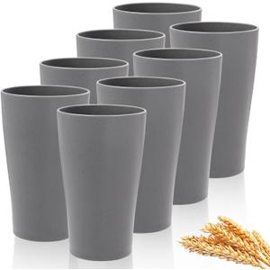 EI 8pcs Dark Grey Wheat Straw Cups,Unbreakable Plastic Reusable Cups,Plastic Tumbler Cups for Kitchen,Dishwasher Safe Water Glasses for Water, Coffee, Juice, Tea