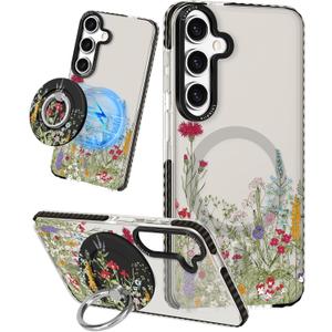 Lotadilo for Samsung Galaxy S24 Case for Women - Girls Cute Design Compatible with Magsafe Magnetic Ring Holder Stand Flowers Plants Phone Covers Aesthetic Girly TPU Funda for S24