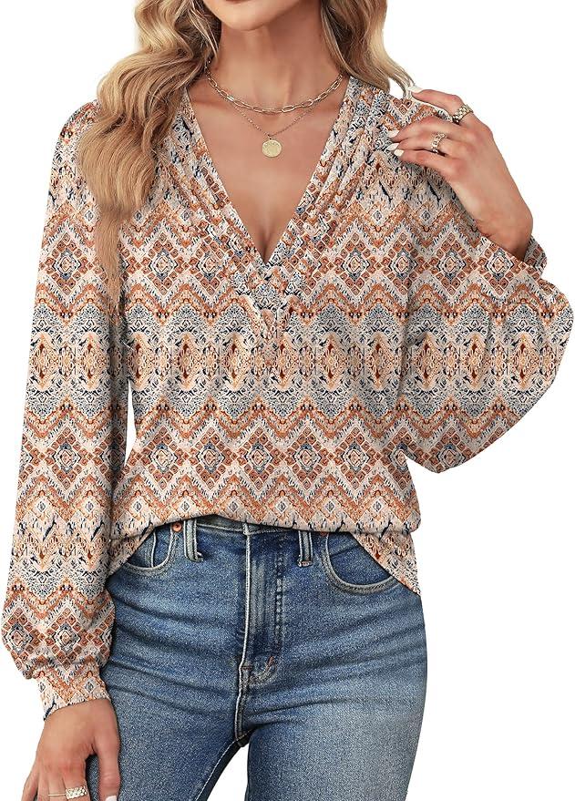 Agnes Urban Womens V Neck Long Sleeve Tops Dressy Casual Fall Shirts Puff Sleeve Loose Tunic Trendy Tops Blouses, XXL