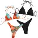 RoseSeek Women's 2 Pack Leopard Halter Bikini Set Brazilian Beach Swimwear (Black, L)