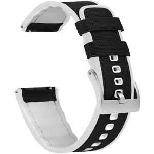BARTON WATCH BANDS with Integrated quick release spring bars - Hybrid Silicone - Cordura Fabric, Water-Resistant Leather and Silicone Hybrid Watch Bands - Choice of Color & Width (18mm, 20mm, 22mm) (Black Top / White Bottom (Stainless Buckle))