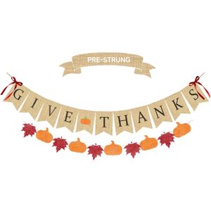 Give Thanks Burlap Banner with Pumpkin Maple Leaves Sign Garland, Happy Fall Thanksgiving Banner for Thanksgiving Fireplace Decoration Rustic Wall Harvest Outdoor Home Office Hanging Decor