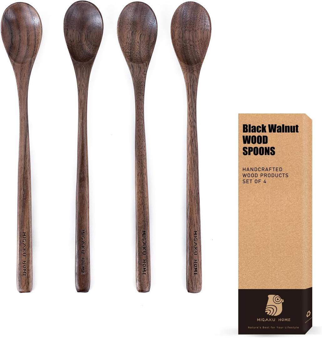 Black Walnut Wood Coffee Spoons, 4 Pcs Spoons for Espresso, Tea, Long Spoon for Stirring, Premium Wooden Spoons Set