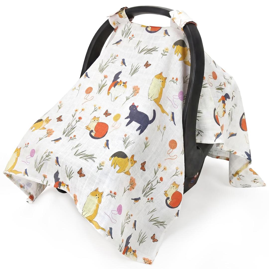 Metplus Car Seat Cover Baby, 100% Muslin Cotton Infant Carseat Covers for Boys and Girls, Lightweight Breathable Canopy, Summer Stroller Sun Shade, Newborn Travel Essentials(Cat)