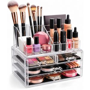 Brookstone Makeup Organizer Case - Countertop Storage With Drawers, Acrylic Cosmetic Display Box, Vanity Organizer and Makeup Holder For Accessories