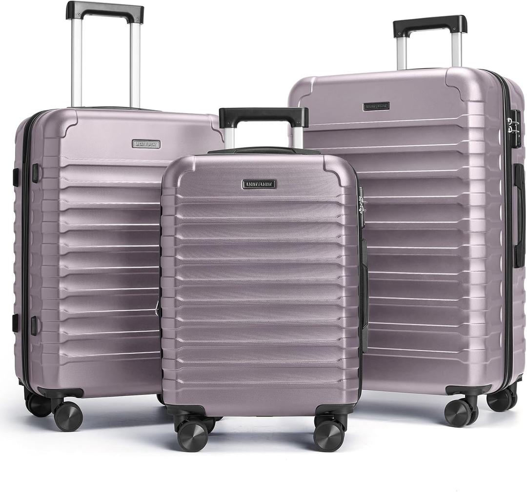 LIGHT FLIGHT Luggage Sets, 3 Piece Durable Suitcase Set with Spinner Wheels, 3 Pcs Hardside Lightweight luggage with TSA Lock, Large Checked Travel Suitcases, 20/24/28 Inch, Rose Purple