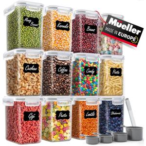 Mueller Airtight Storage Food Container Set with Lids – 12-Piece, Kitchen & Pantry Organization and Storage, Dishwasher, Freezer and Microwave Safe – 12 Labels, 4 Measuring Cups and Marker, White
