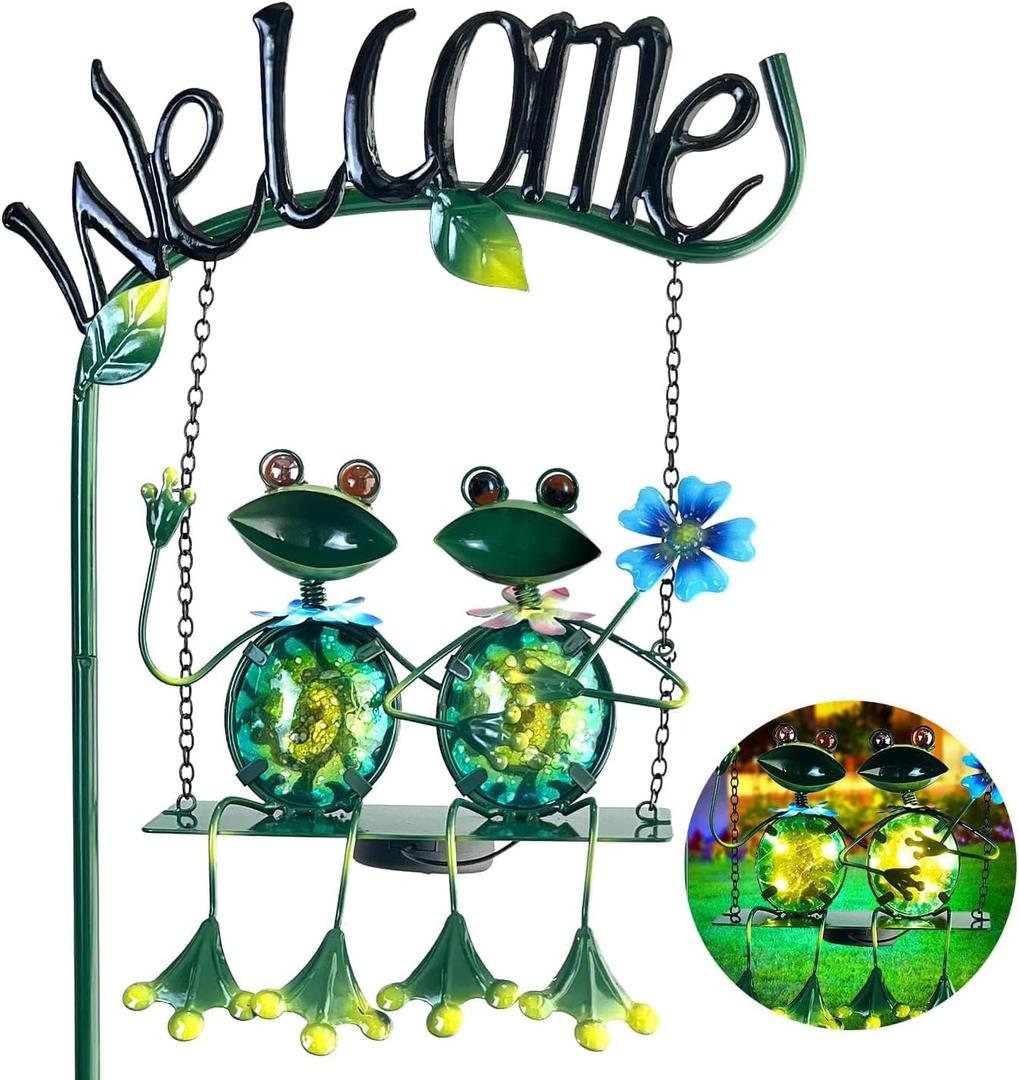 Solar Lights Outdoor Waterproof, Frog Swing Garden Decor, Frog Decorative Stake with Welcome Sign Landscape Patio Yard Gifts for Women Mom (48 inch)