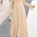 PRETTYGARDEN Womens Dresses Formal Off The Shoulder Long Sleeve Ruched Knit A-Line Maxi Wedding Guest Dress Fall Clothes (Beige, L)