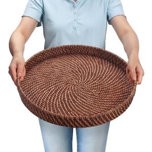 16.9 inch Rattan Tray, Round Wicker Tray with Cut-Out Handles, Woven Serving Tray for Dining/Coffee Table