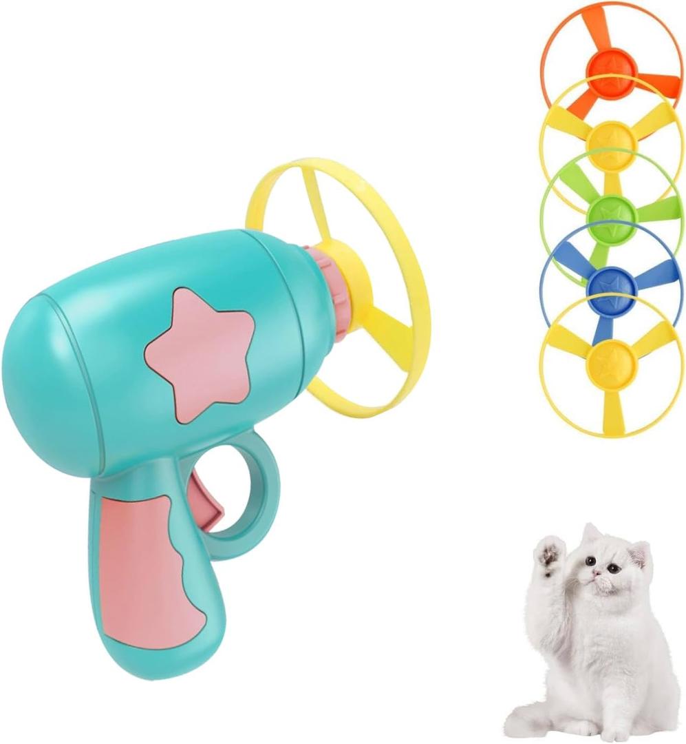 Andiker Cat Fetch Toy, Interactive Kitten Flying Disc Launcher Toy with 5 Colorful Flying Propellers for Cat Enrichment, Flying Saucer Toy for Cats for Training and Chasing (Blue)