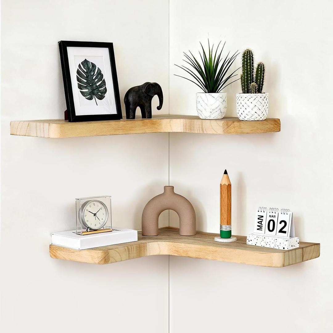 Floating Corner Shelves, Wall Shelf Set of 2, Shelves for Wall Storage, Solid Wood Shelves for Storage, Wall Mount Wooden Display Shelf for Bathroom Bedroom Kitchen Garage (Light)