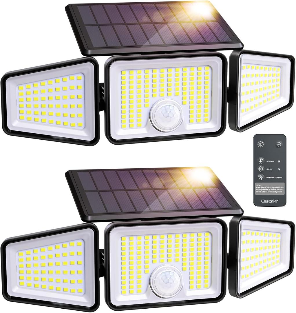 Ensenior Motion Sensor Outdoor Lights, 220 LED IP65 Waterproof Solar Security Light with Remote Control, 3 Heads Solar Flood Light Outdoor with 4 Modes, 270 Wide Angle Motion Light for Outside -2Pack