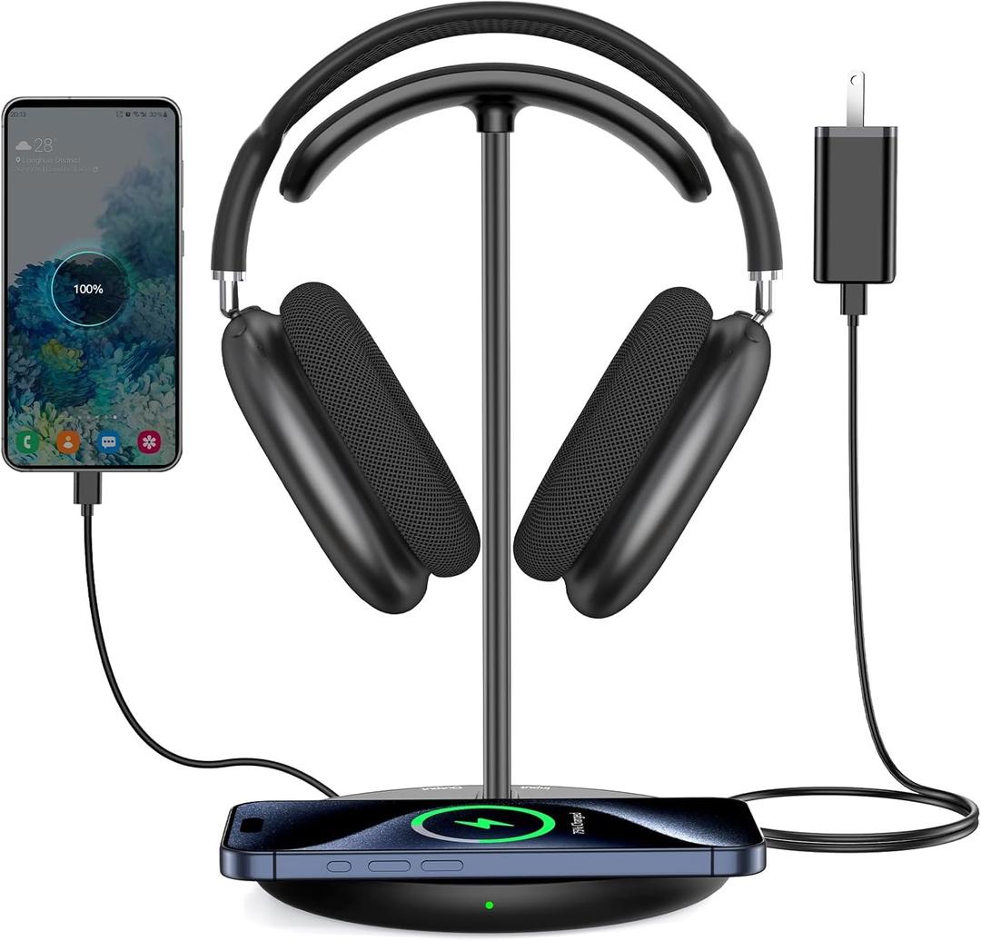 Miroddi Headphone Stand with Wireless Charger, Independent USB Charging Port, 5 in 1 Charging Station Headset Holder Rack for AirPods Max/Pro/4/3/2, iWatch, iPhone, Samsung and Desk Headphones, Black