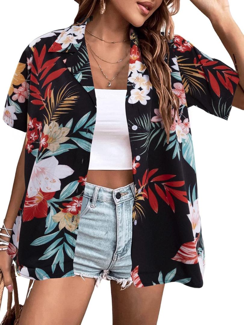 Hawaiian Shirts for Women Soft Cool Summer Hawaiian Shirt Floral Tropic Print Tees V Neck Button Up Short Sleeve Top (Black, L)