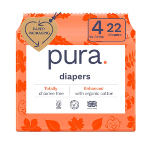 Pack of 6, Pura Size 4 Eco-Friendly Diapers (18-31lbs) Totally Chlorine Free (TCF) Hypoallergenic, Soft Organic Cotton, Sustainable Comfort, up to 12 Hours Leak Protection, Allergy UK, 22 Diapers.