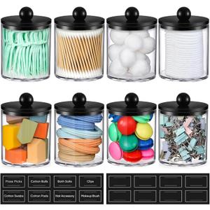 8 Pack Acrylic Qtip Holder Dispenser for Cotton Swabs, Balls, Pads, Floss - Plastic Canister Apothecary Jar Set, Bathroom Essentials Accessories Decor Vanity Makeup Storage Organizer - Clear & Black