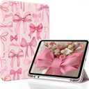 for iPad A16 11 Inch 2025 /for iPad 10th Generation 10.9 Inch 2022 Bows iPad Case with Pencil Holder-[Auto Wake/Sleep], Trifold Stand Soft TPU Protective Cover, Cute Pink Bows