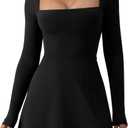 QINSEN Womens Square Neck Bodice Dress Long Sleeve Side Slit Flare Mini Dresses (X-Large, Black)