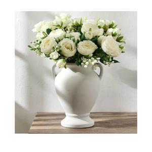 Ceramic Rustic Flower Vase with Handles, 8.46 Inch Tall Vintage Pottery Home Decor, Farmhouse Terracotta Vase for Living Room, Table, Shelf, Mantel Decoration, Farmhouse- Off-White