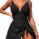 ZAFUL One Piece Swim Dress Swimsuits for Women Scallop Tummy Control Swimdress Tie Knot Swim Skirt Swimwear Bathing Suit (Large)