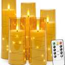 Flickering Flameless LED Candles,Battery Operated Candles 5 Pcs with Embedded Star String,Acrylic LED Pillar Candles with Remote,Suitable for Home Decoration to Create an AtmosphereGold